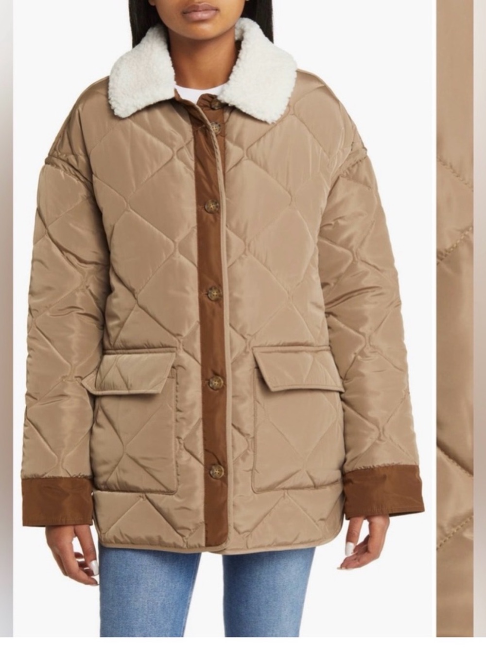 Lucky Brand Quilted Puffer Jacket with White Sherpa Collar